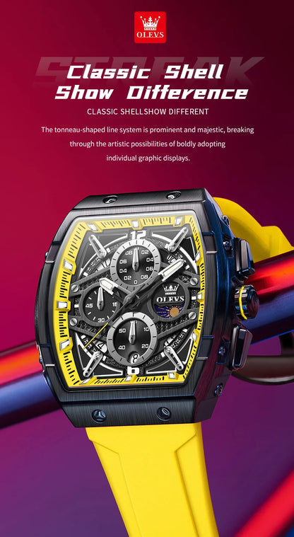 OLEVS 2975 Men's Watches Hollowed Quartz Wristwatch Silicone Strap Tonneau Large Dial Design Waterproof Luminous Watch for Men