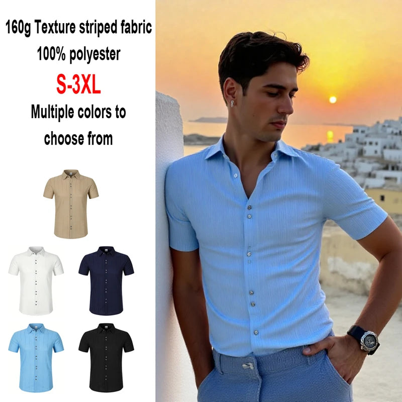 Men's Textured Woven Polyester Shirt Short Sleeve Turn Down Collar Button Down Casual Breathable Summer Beach Tops for Men