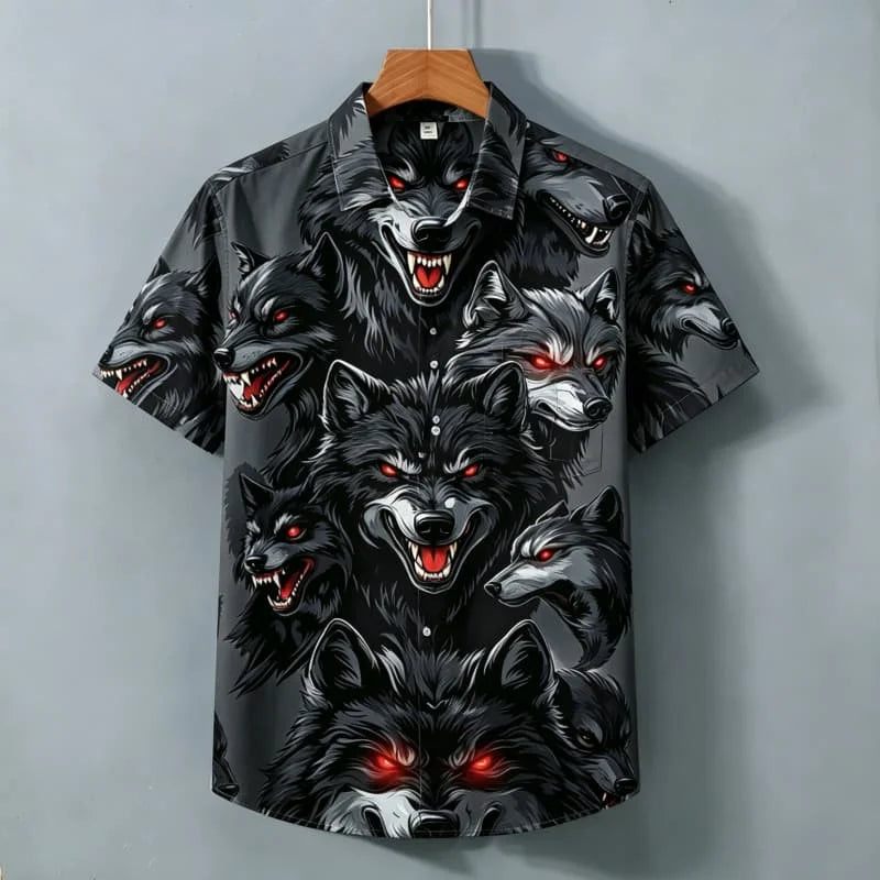 Men's Domineering Wolf Head Printed Short Sleeved Shirt with Wild Style and Personality Suitable for Street Shirts