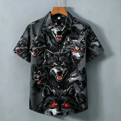Men's Domineering Wolf Head Printed Short Sleeved Shirt with Wild Style and Personality Suitable for Street Shirts