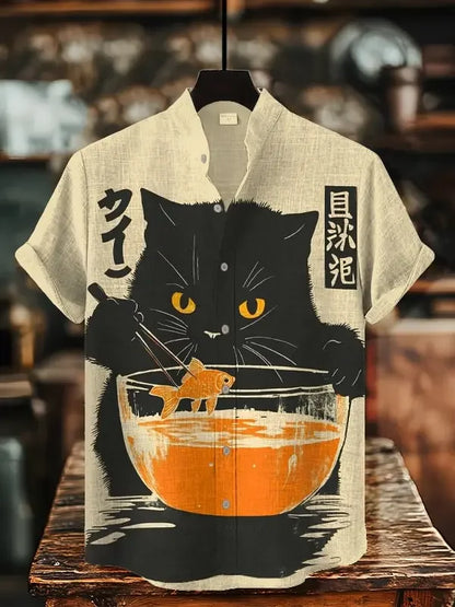 Men's Edo Cat Samurai Warrior Japanese Art Anime Shirts 3D Print Casual Hawaiian Shirts Summer Men Women Short Sleeve Blouse Top