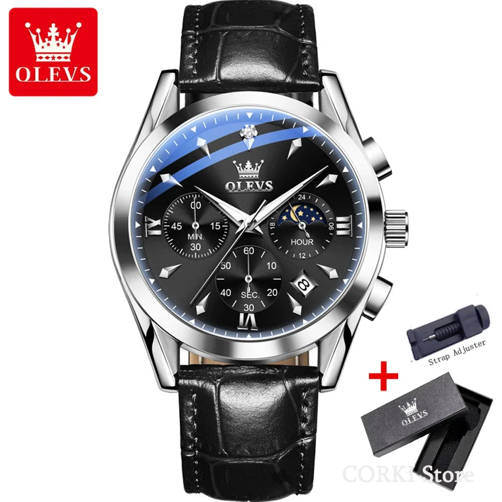 OLEVS 3609 Original Moon Phase Chronograph Watch for Men Leather Waterproof Luminous Luxury Quartz Mens Wristwatches Reloj Mujer