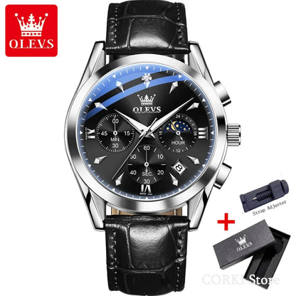 OLEVS 3609 Original Moon Phase Chronograph Watch for Men Leather Waterproof Luminous Luxury Quartz Mens Wristwatches Reloj Mujer