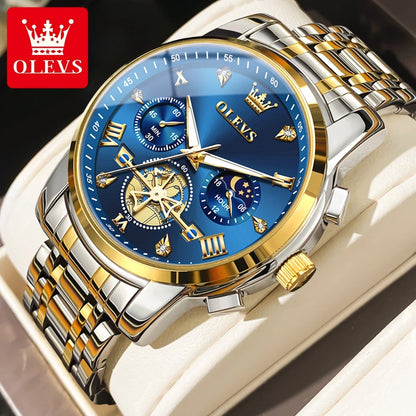OLEVS Men's Watches Classic Multifunctional Flywheel Chronograph Original Quartz Wristwatch Moon Phase 24 Hour Waterproof Reloj