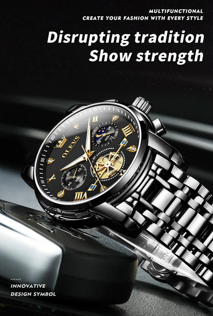 OLEVS Men's Watches Classic Multifunctional Flywheel Chronograph Original Quartz Wristwatch Moon Phase 24 Hour Waterproof Reloj