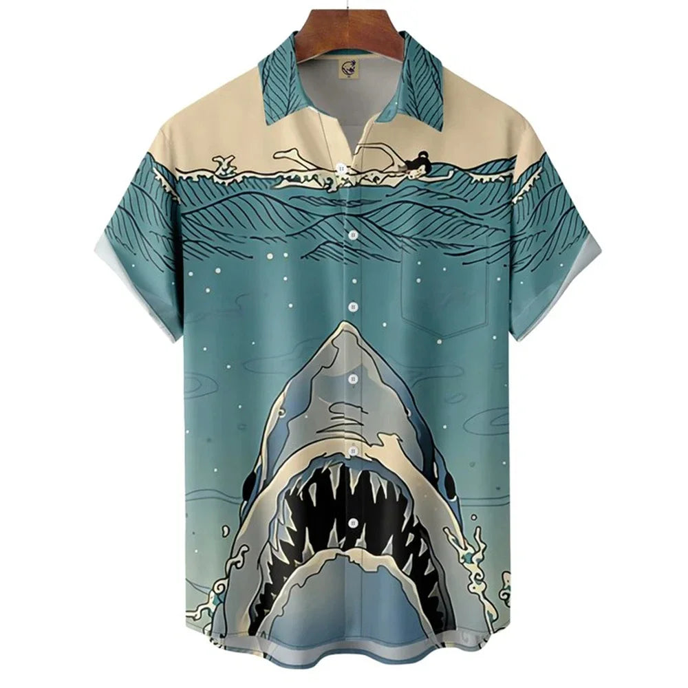 New Men Hawaiian Shark Blouse Tshirt 3D Animal Print Clothes Fashion Button Men's Shirts Short Sleeve Lapel Streetwear Shirt Top