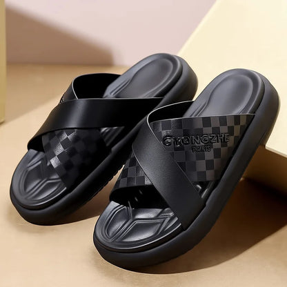 Summer New Fashion Outside Wear Slippers for Men Business Casual Black Leisure Genuine Leather Beach Shoes Slippers Man