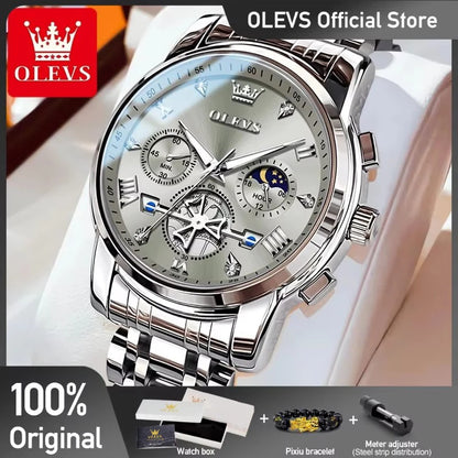 OLEVS Men's Watches Classic Multifunctional Flywheel Chronograph Original Quartz Wristwatch Moon Phase 24 Hour Waterproof Reloj