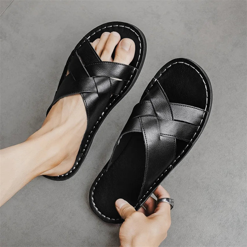 Genuine Leather Men Casual Sandals Summer Mens Slippers Outdoor Breathable Beach Shoes Comfortable Flats Men Flip Flops Size 48