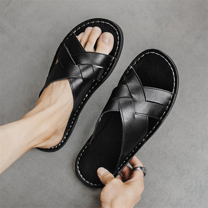 Genuine Leather Men Casual Sandals Summer Mens Slippers Outdoor Breathable Beach Shoes Comfortable Flats Men Flip Flops Size 48