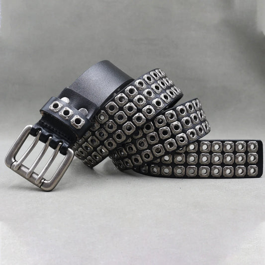 Designer Brand Belt Men Rivet Real Leather Pin Belt Male Black Rock Genuine Leather Cowhide Luxury Punk Belt Jeans