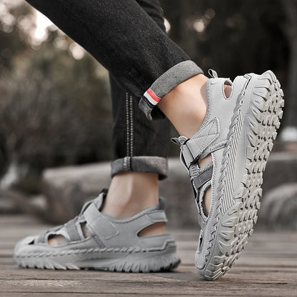 Men Outdoor Protective Toe Sandals Hollow Breathable Mesh Upper Quick Dry Lining Non Slip Walking Camping Driving Casual Shoes