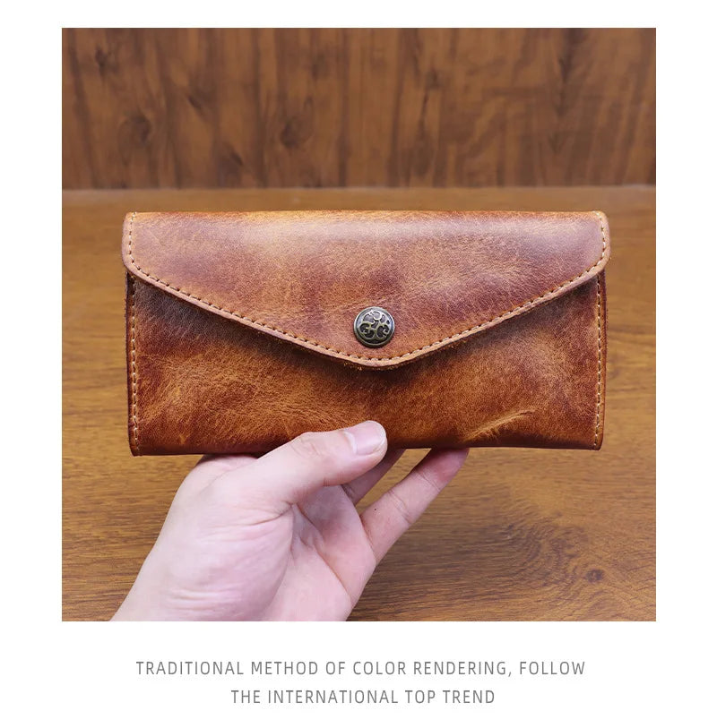 Genuine Leather Retro Men Handmade Wallet Handbag High Quality Phone Pocket Simple Card Bag Big Capacity Male Purses