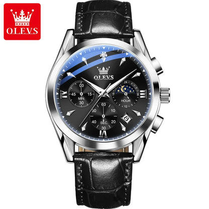 OLEVS 3609 Original Moon Phase Chronograph Watch for Men Leather Waterproof Luminous Luxury Quartz Mens Wristwatches Reloj Mujer