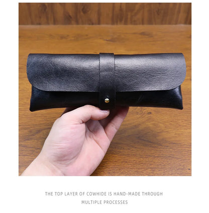 Genuine Leather Men Pencil Bag Handmade Wallet Large Capacity Retro Glasses Storage Bag Stationery Pencil Case Unisex Purses