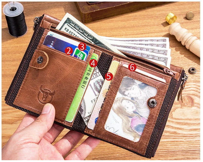 BULLCAPTAIN retro leather men's wallet leather zipper buckle short money wallet card holder coin purse RFID wallet QB06