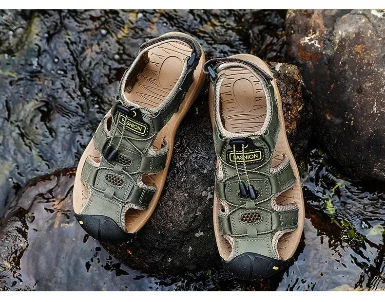 2026 New Men's Sandals Handmade Thick Bottom Rubber Breathable Casual Slip-On Beach Shoes Leather Upgraded Version