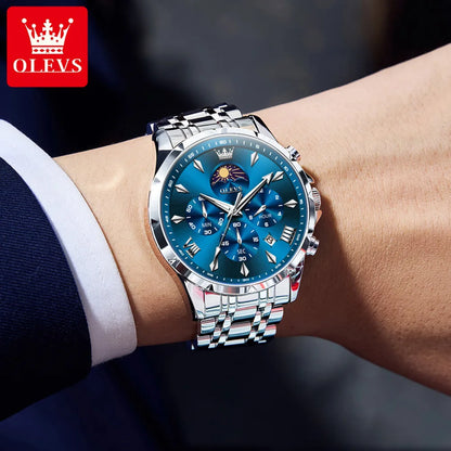 OLEVS 3653 Original Mens Quartz Watch NEW Four Functional Small Dials Chronograph 24-hour Moon Phase Stainless Steel Waterproof Man Wristwatch