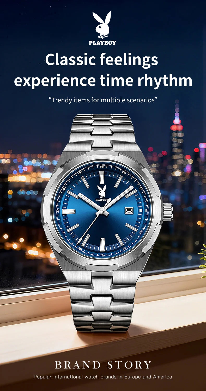 PLAYBOY 3112 Brand original authentic stainless steel strap luminous function calendar display men's quartz watch