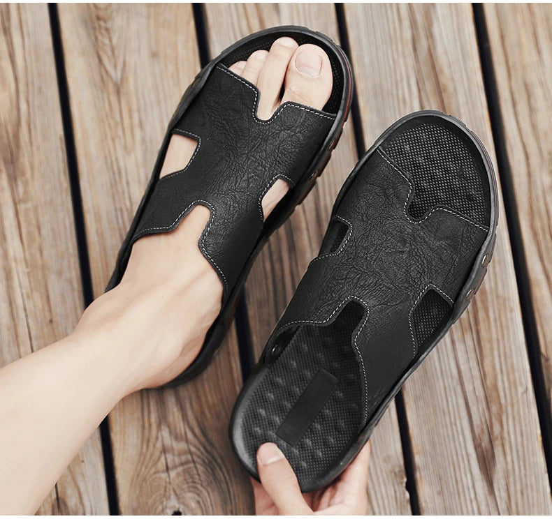 Summer Men Slippers Genuine Leather Breathable Clogs Sandals Beach Classics Leather Slides Outdoor Flip Flops Plus Size Men Shoe