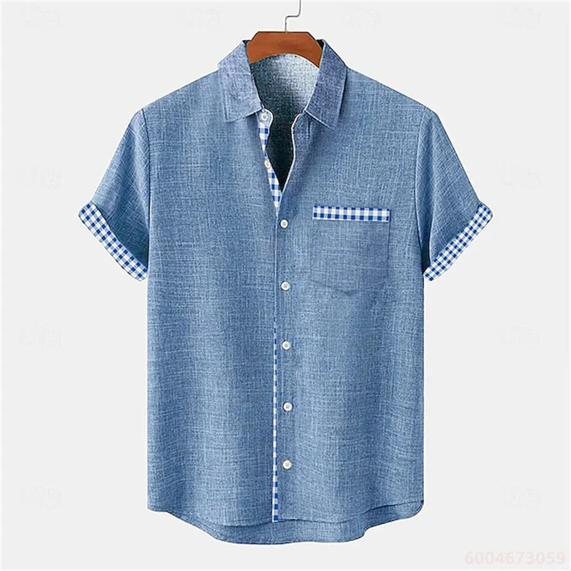 2026 Summer Men's Short-Sleeve Shirt, Coconut Tree Print, Color-Blocked Placket, Casual Vacation Beach Shirt, Hawaiian Shirt
