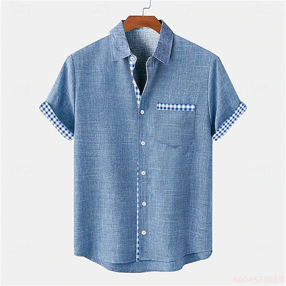 2026 Summer Men's Short-Sleeve Shirt, Coconut Tree Print, Color-Blocked Placket, Casual Vacation Beach Shirt, Hawaiian Shirt