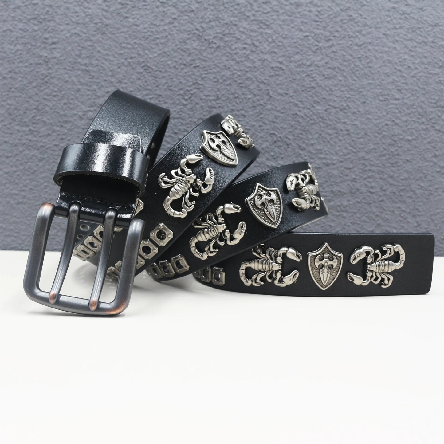 Rock Genuine Leather Luxury Punk Belt Jeans Heavy duty Hollow manual  Designer Brand Belt Men Rivet Three-pin buckle Belt Male