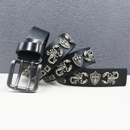 Rock Genuine Leather Luxury Punk Belt Jeans Heavy duty Hollow manual  Designer Brand Belt Men Rivet Three-pin buckle Belt Male