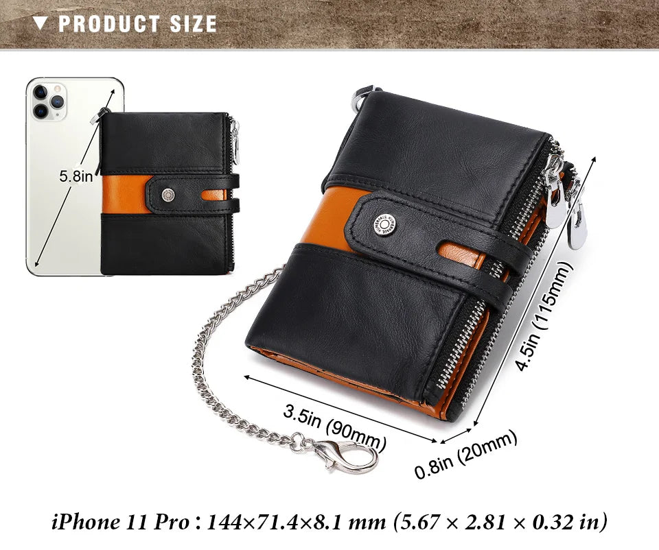 HUMERPAUL Genuine Leather Men's Wallet Fashion Quality Travel Purse Rfid Protect Credit Card Holder Wollst for Men with Chain