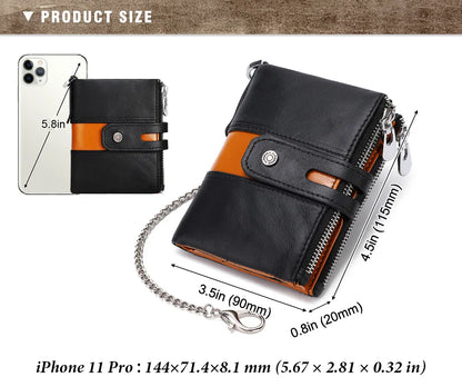 HUMERPAUL Genuine Leather Men's Wallet Fashion Quality Travel Purse Rfid Protect Credit Card Holder Wollst for Men with Chain