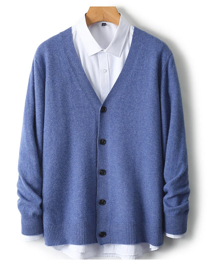100% Pure Wool Sweater Autumn Winter New Men's Cardigan V-Neck Buckle Jacket Loose Casual Cashmere Knitted Sweater Long Sleeveds