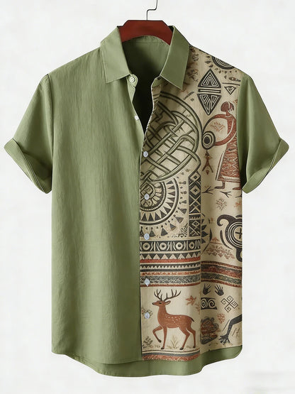 2026 Daily Men's Casual Short Sleeved Shirt with Natural Ethnic Pattern Printed Shirt Hawaii Beach Vacation Clothing