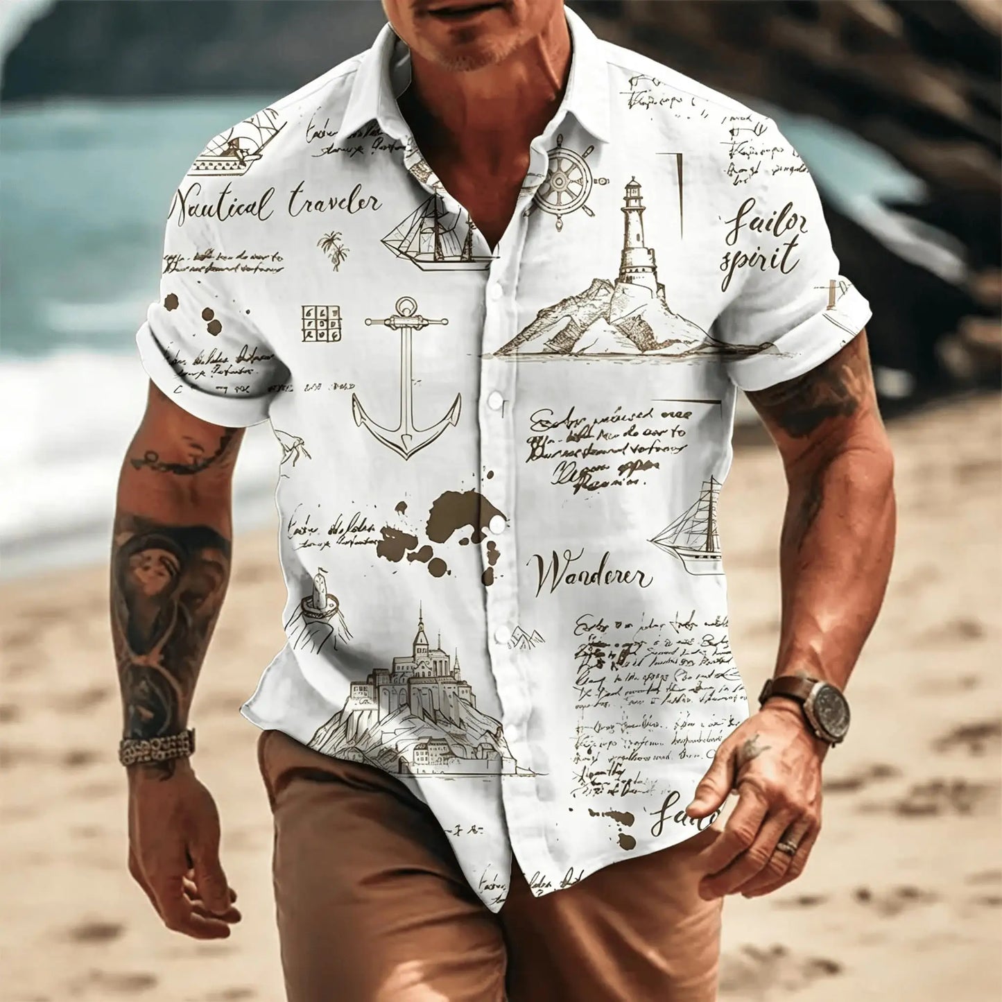 Summer Men's Thin Loose Retro Sailing Anchor Printed Short Sleeved Shirt, Spring and Summer Casual Shirt