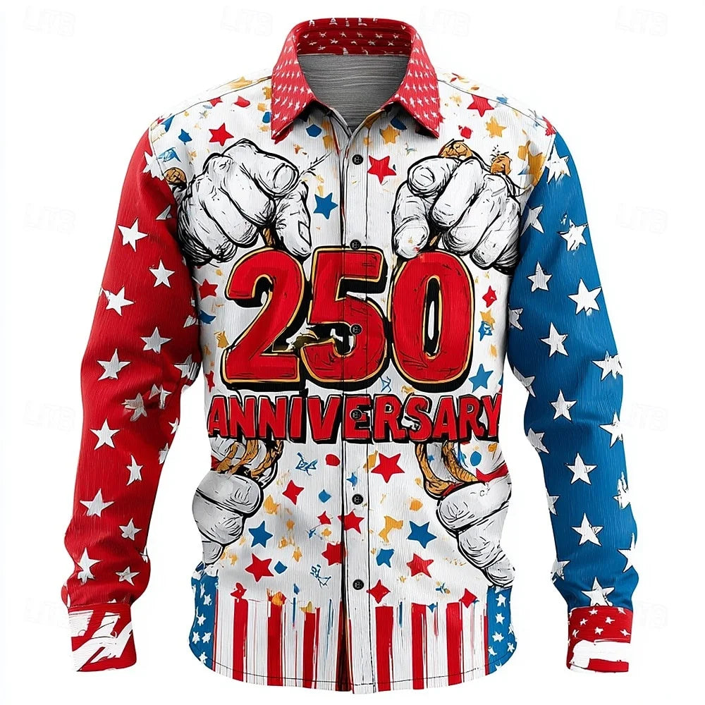 Men's Shirt Us Flag Freedom 250th Anniversary Trendy Retro 3D Print Top Autumn Long Sleeved Button up Spring Fall Holiday Shirts