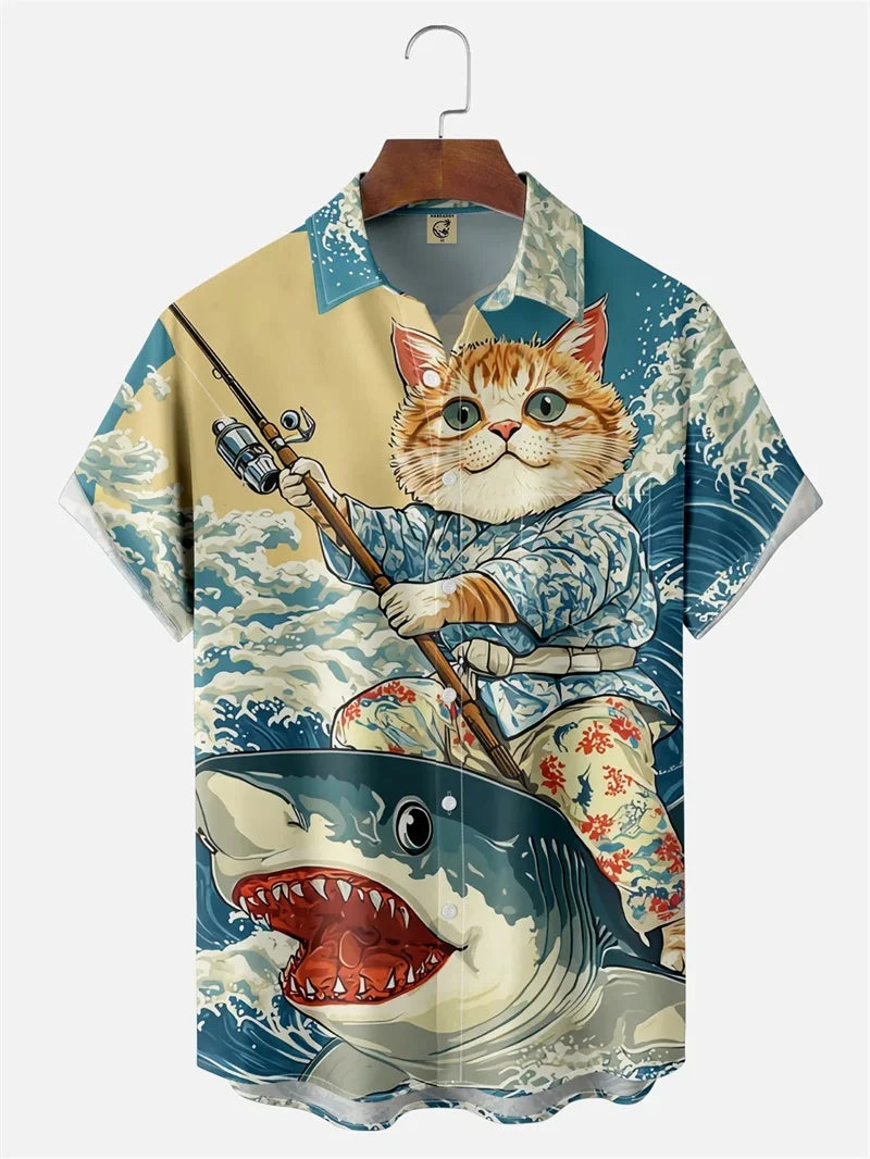 Men's Retro Short Sleeve Beach Shirt Summer Casual Ukiyoe Kitten Fishing Shark Print Hawaiian Shirts Men's Lapel Aloha Shirt
