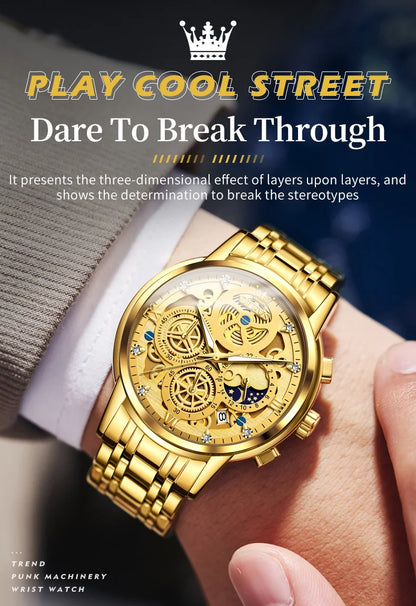 OLEVS 9947 Men's Watches Top Brand Luxury Original Waterproof Quartz Watch for Man Gold Skeleton Style 24 Hour Day Night New