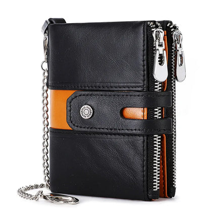 HUMERPAUL Genuine Leather Men's Wallet Fashion Quality Travel Purse Rfid Protect Credit Card Holder Wollst for Men with Chain