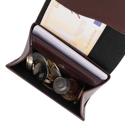 Pomelo Best Portable Men's Bifold Small Vintage Genuine Fine Grain Leather Wallet with Coin Compartment Press Stud Gift for Men