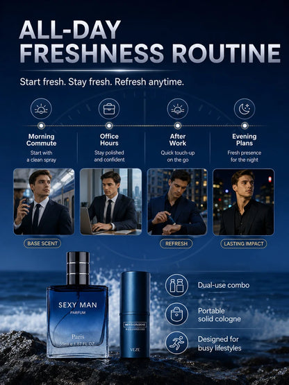 2PCS Men's Cologne Set No Box Long Lasting Fresh Marine Perfume Spray + Solid Cologne Portable Travel Gift for Men