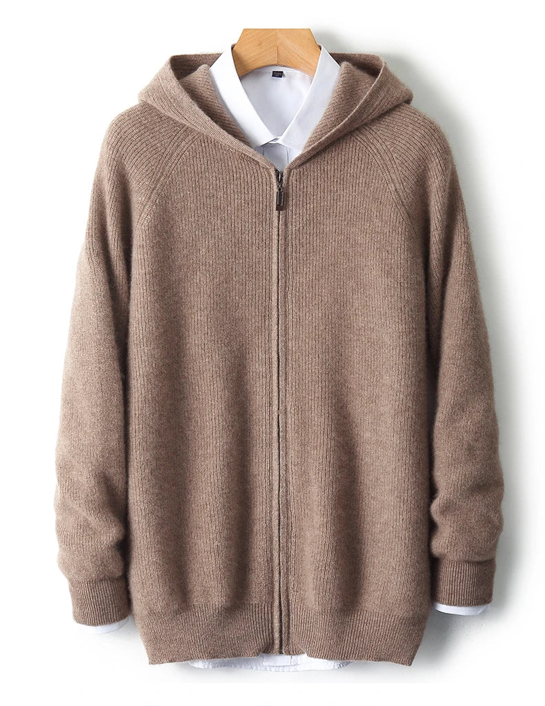 Men 100% Merino Wool Sweater Hooded Zipper Cardigan Autumn Winter Thickened Knit Large-size Jacket Long Sleeved Sportswear Coat