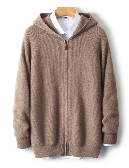 Men 100% Merino Wool Sweater Hooded Zipper Cardigan Autumn Winter Thickened Knit Large-size Jacket Long Sleeved Sportswear Coat