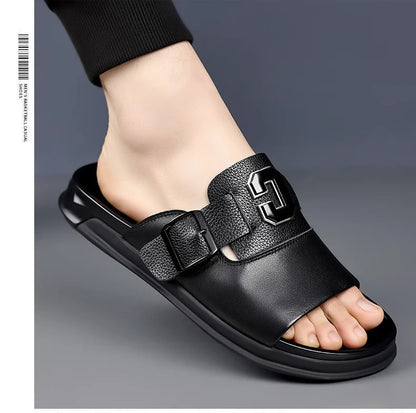 Men Outwear Genuine Leather Slippers for Men Fashion Buckle Designer Summer Flip-flops Male Casual Non-slip Beach Shoes Man