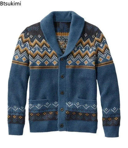 2026 Men's Winter Knitted Sweater Jacket Vintage Jacquard Cardigan Sweaters Lapel Single Breasted Knitted Sweater Coats for Men