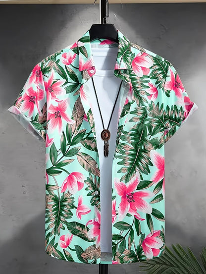 Men's Coconut Tree Graphic Print Short Sleeve Lapel Shirt Tops Men's Casual Button-Down Shirts for Summer Daily Wear Men Clothes