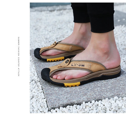 Genuine Cow Leather Shoes Men Sandals Flip Flops Men's Casual Shoes Classic Massage Men Beach Slippers Anti-slip Summer 2025 New