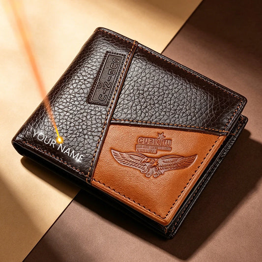 High Quality Retro Men Wallets Name Engraving Genuine Cow Leather Zipper Coin Pocket Card Holder Simple Purses For Male