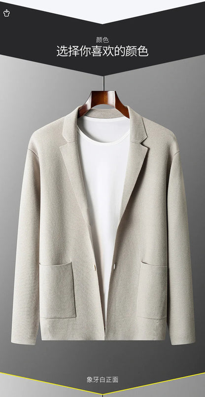 100% Pure Wool Cardigan Men's Spring And Autumn High-End Outerwear Sweater Casual Small Suit Jacket Olive Collar Sweater