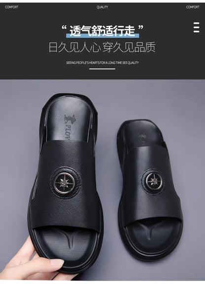 New Luxury Men's Genuine Leather Sandals Classic Roman Men Shoes Slippers Soft Comfortable Men Non-slip Walking Slippers Footwea