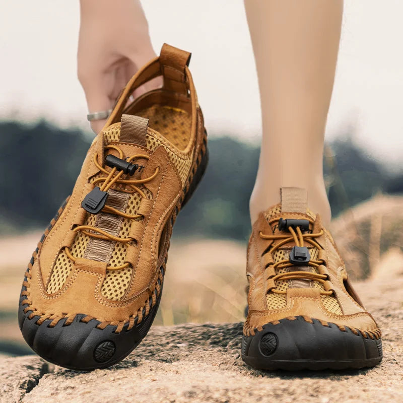 Summer Men Full Casual Leather Hand Stitch Big Size Outdoor Beach Sandals Closed Toe Non Slip Comfort New Summer Walking Shoes