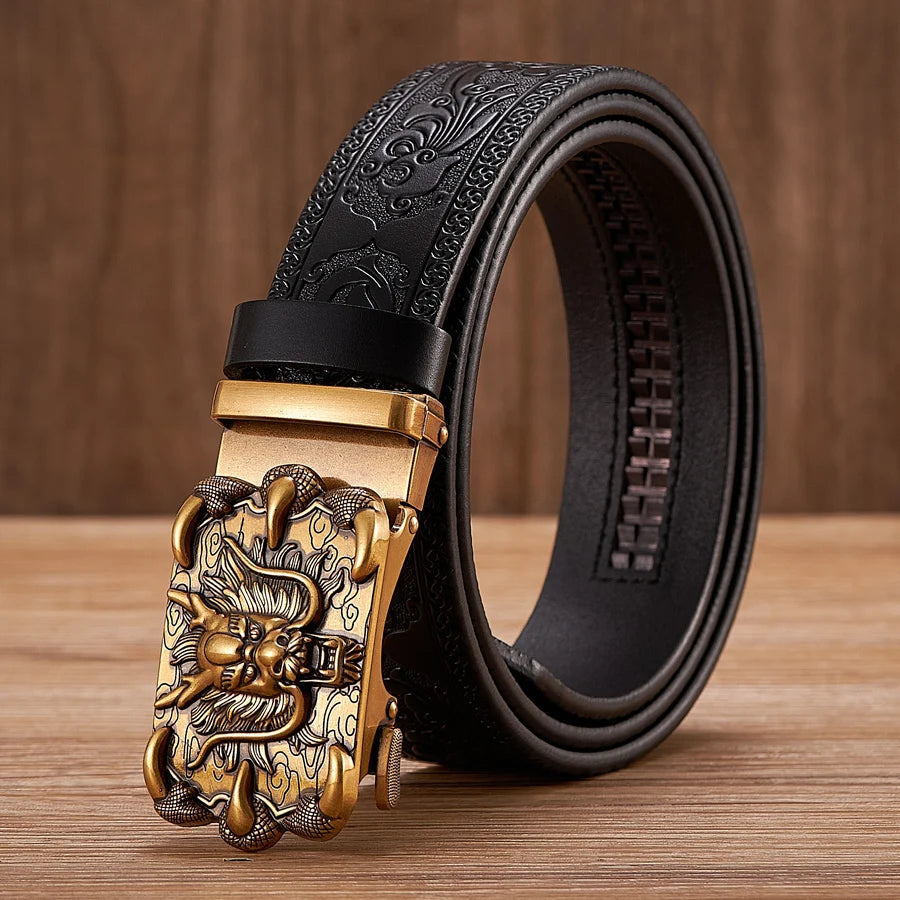 3.5cm Fashion Embossing Retro Male Belts for Men Business Split Leather Belt Dragon Pattern Automatic Buckle Strap